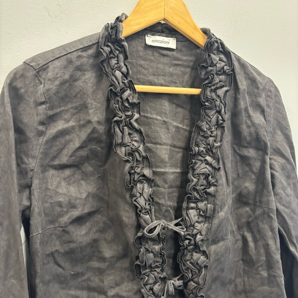 Emozioni Linen Cardigan Top Black Ruffled Tie front and wrists - Picture 4 of 14